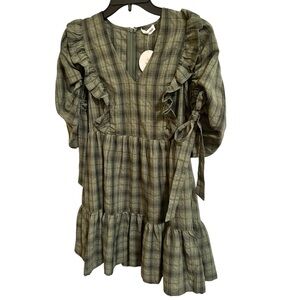Day + Moon Green Plaid Ruffle Sleeve V-Neck Lined Mini dress -NWT